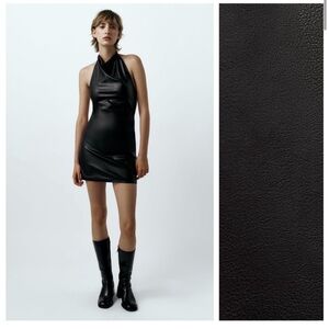 NWT. Zara Black Faux Leather Cropped Halter Dress with Draped Neckline SMALL